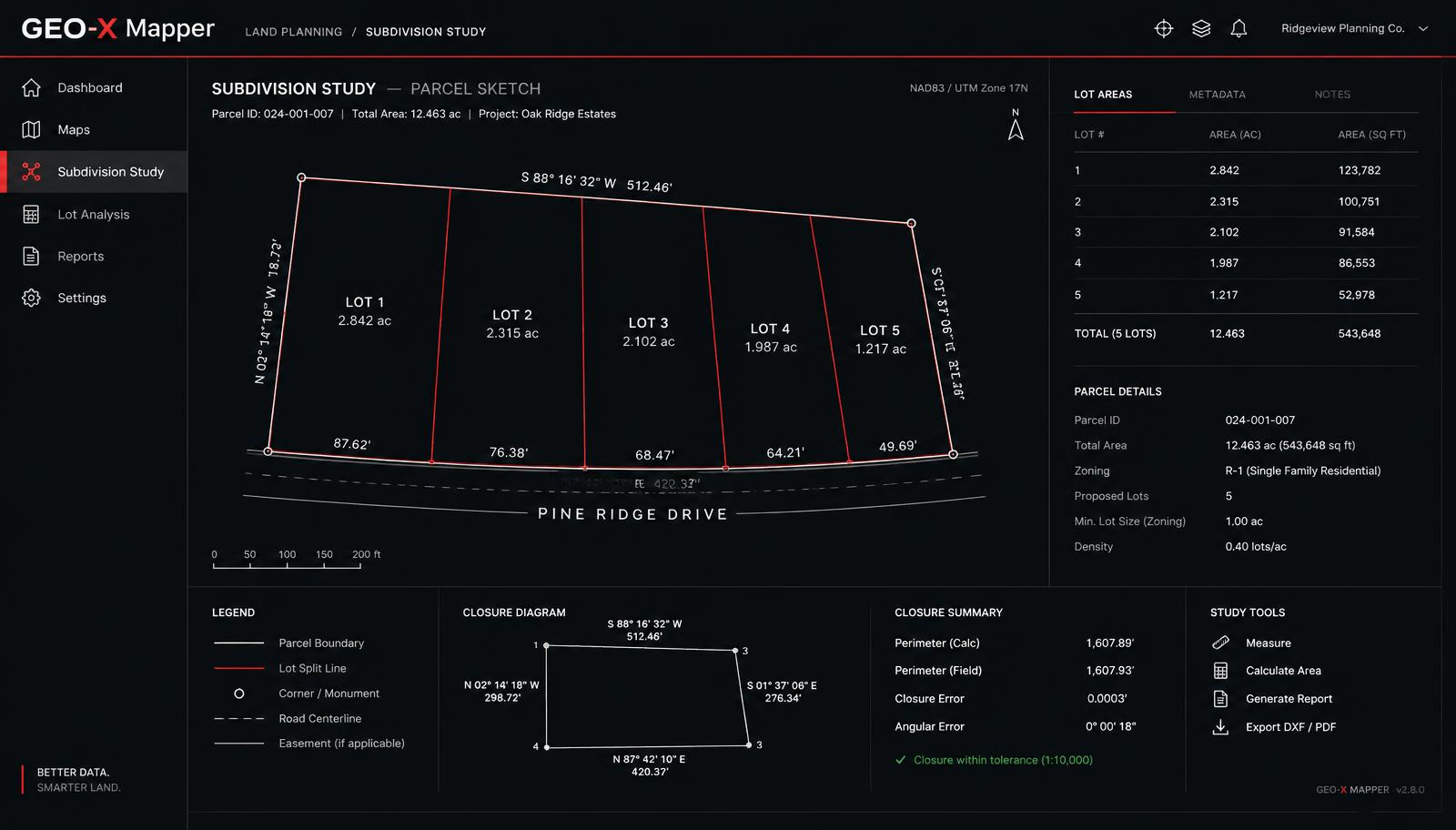 GEO-X Mapper subdivision study with parcel sketch, lot areas, and closure diagram