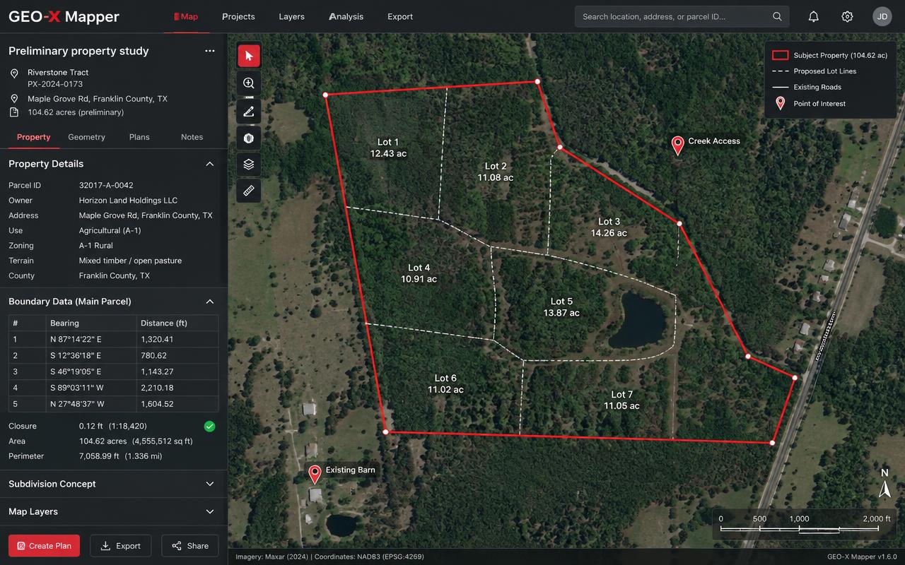 GEO-X Mapper interface showing an outlined land parcel, subdivision concepts, boundary data, area, and closure results