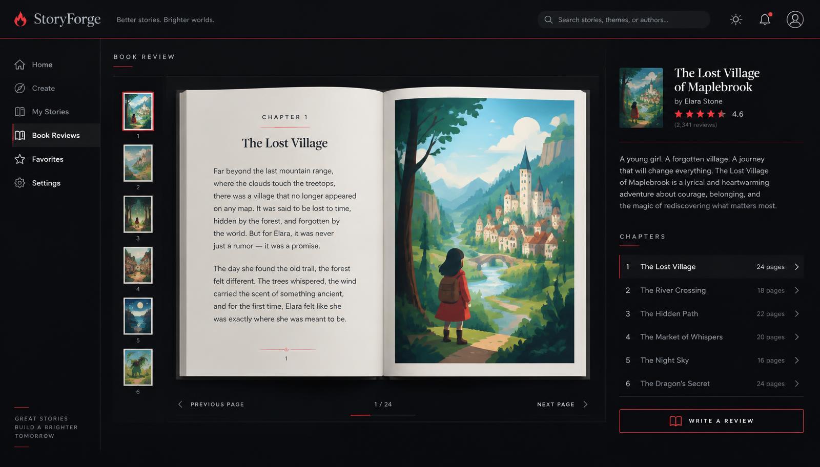 StoryForge book review screen with an illustrated generated story