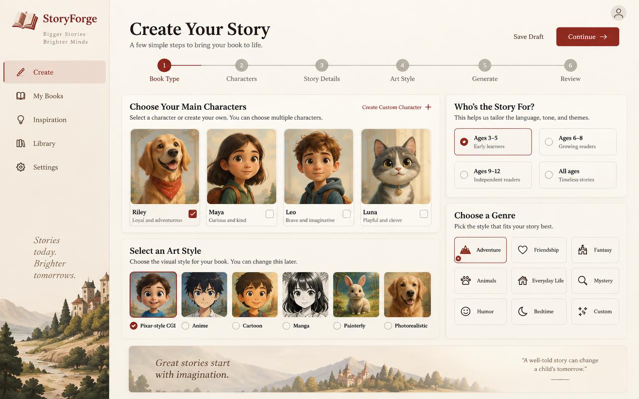 StoryForge book creator showing its six-step workflow, character choices, audience settings, genres, and art styles